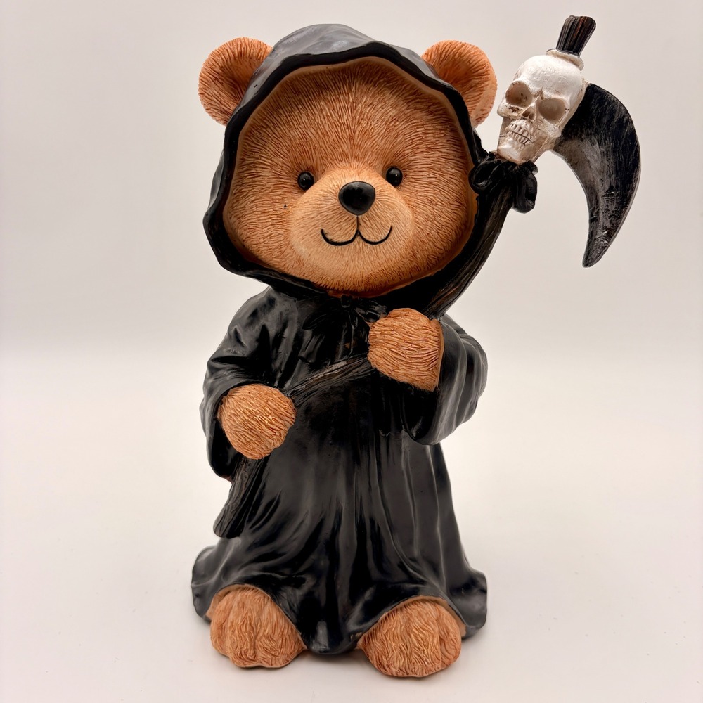 Grim Reaper Teddy Bear Figurine Halloween Gothic Decor Scythe Skull Resin